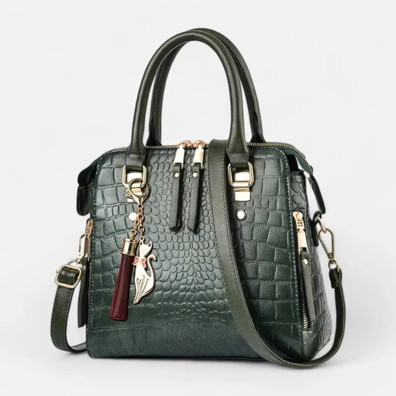 Camélia | Croc-Effect Shoulder Bag with Gold Cat Charm