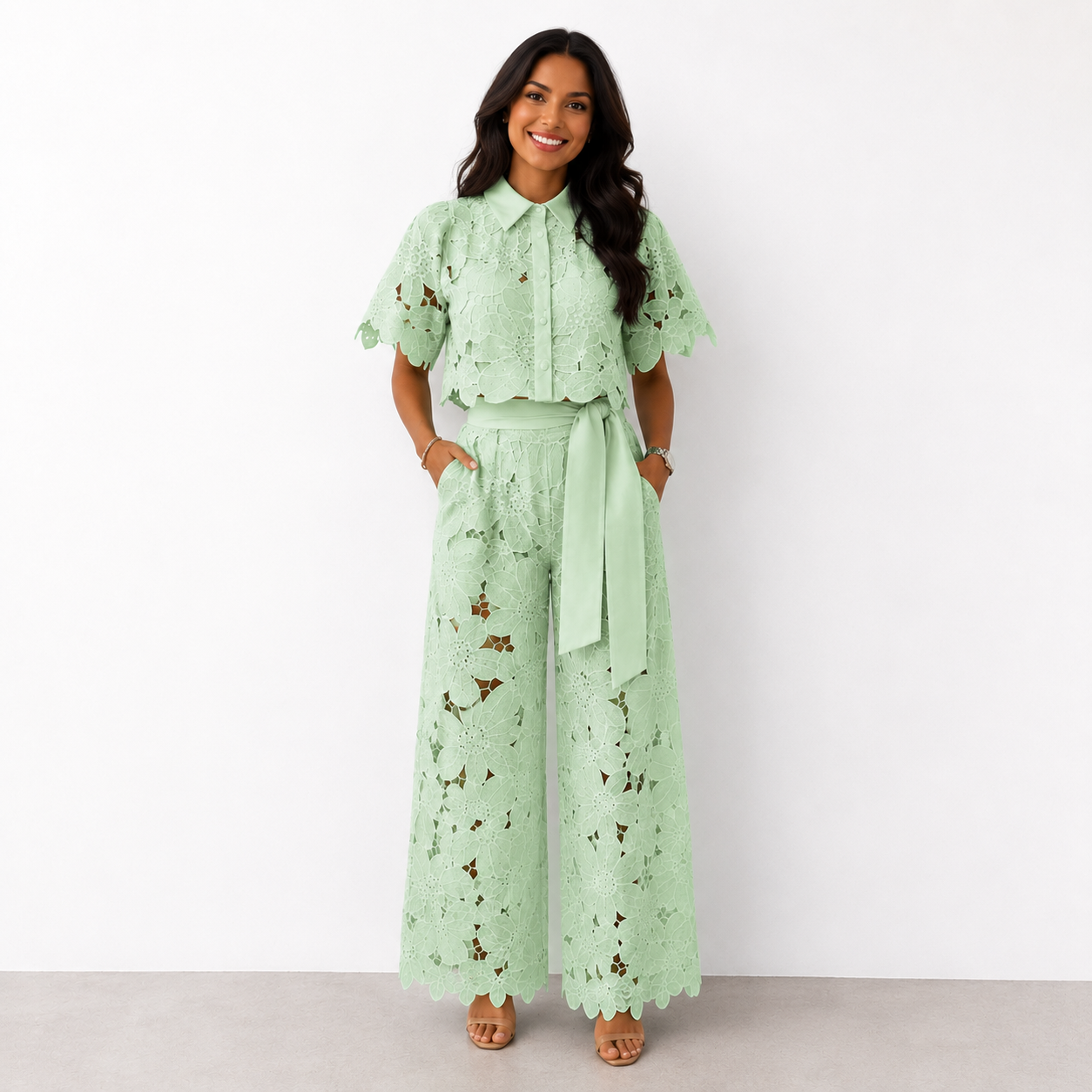 Conjunto de dos piezas de Encaje Calado - blusa de encaje