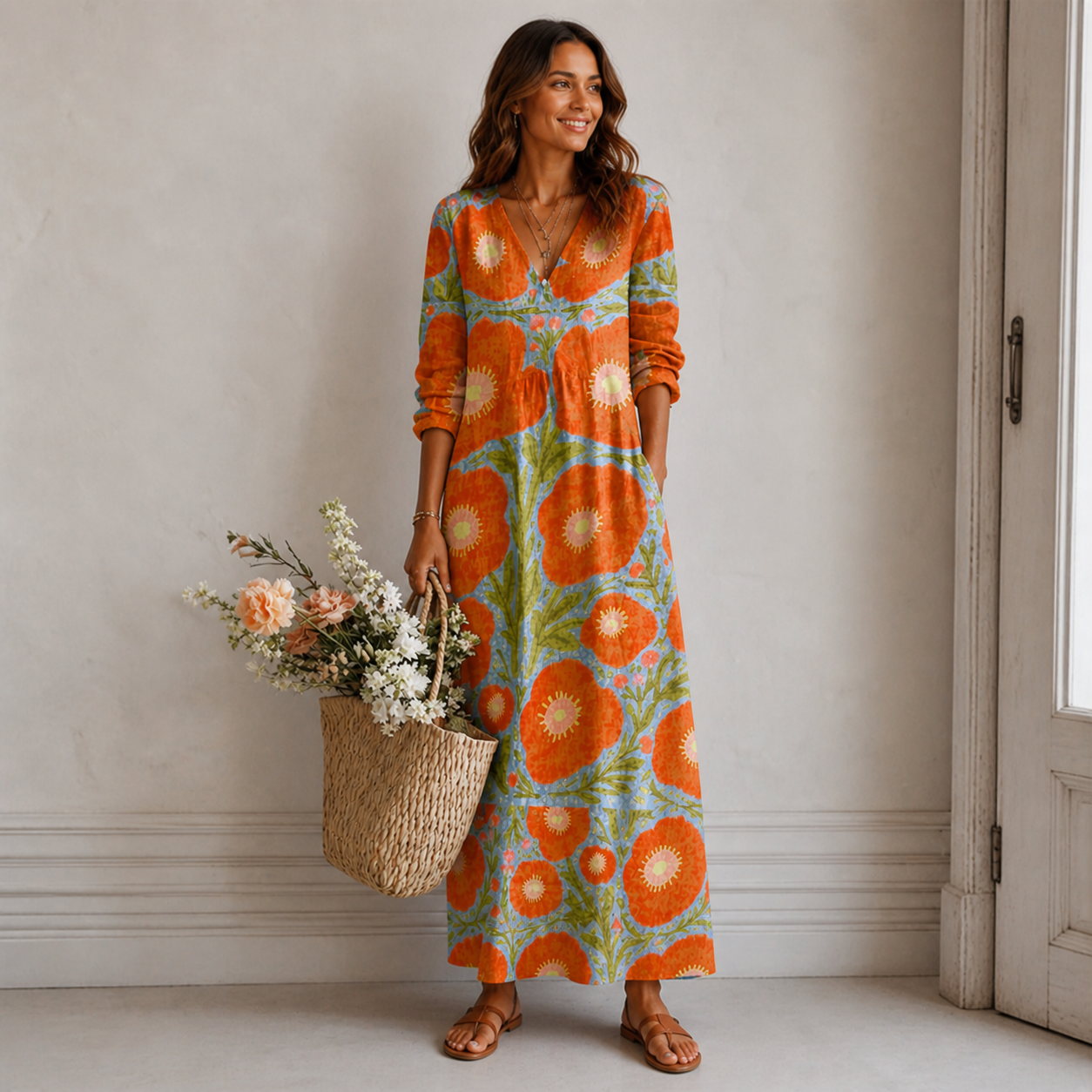 Wanda | Vestido Midi Naranja Estampado - detalle