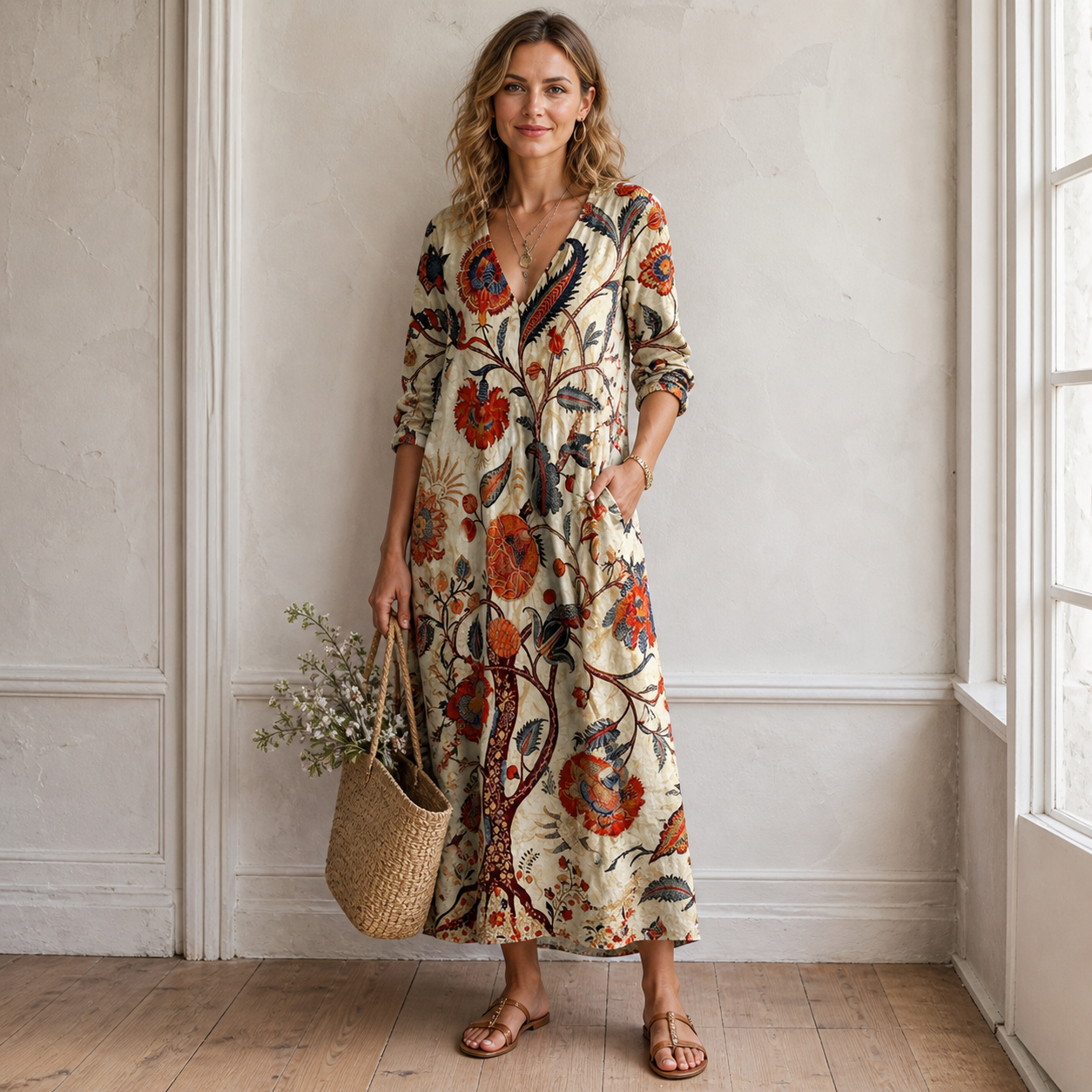 Maraiah | Vestido Midi Lino Marrón - detalle