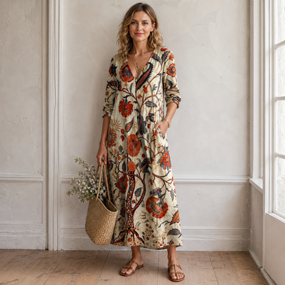 Maraiah | Vestido Midi Lino Marrón - detalle