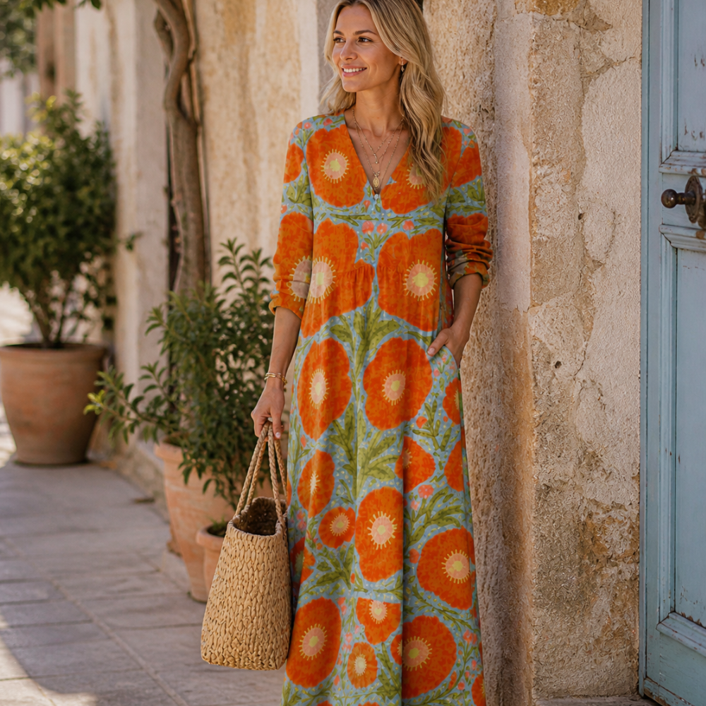 Wanda | Vestido Midi Naranja Estampado - vista frontal