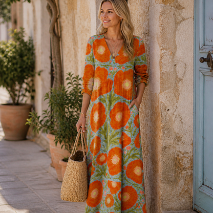 Wanda | Vestido Midi Naranja Estampado - vista frontal