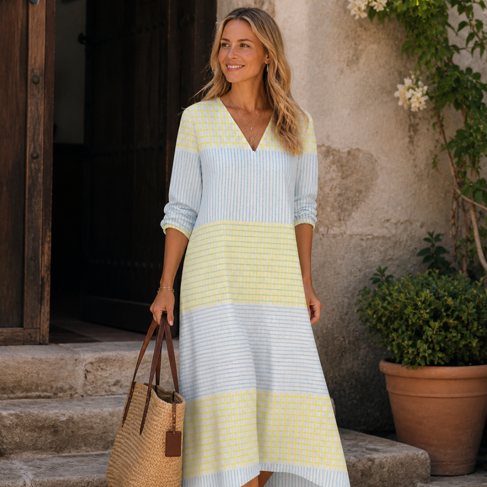 Maria | Vestido Midi Amarillo Estampado - vista frontal