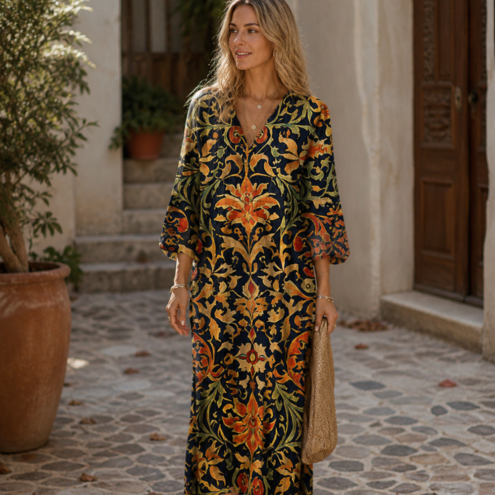 Hilda | Vestido Midi Lino Multicolor - vista frontal
