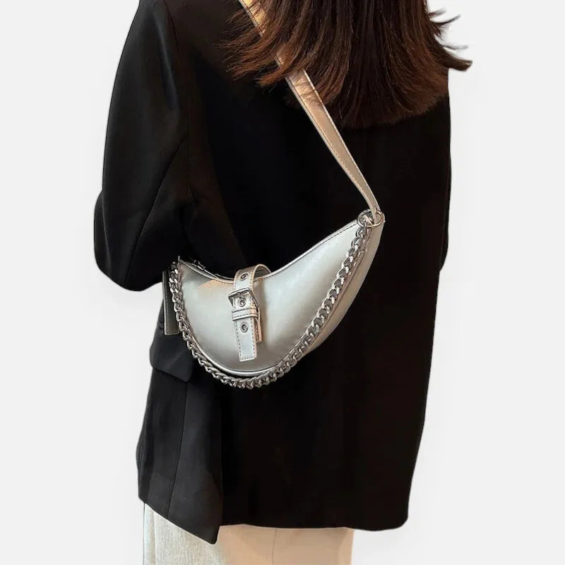 Aline | Metallic Silver Half-Moon Belt Bag