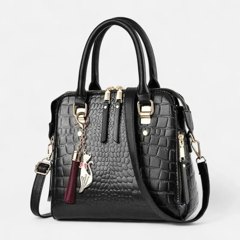 Camélia | Croc-Effect Shoulder Bag with Gold Cat Charm