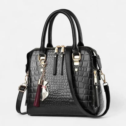 Camélia | Croc-Effect Shoulder Bag with Gold Cat Charm