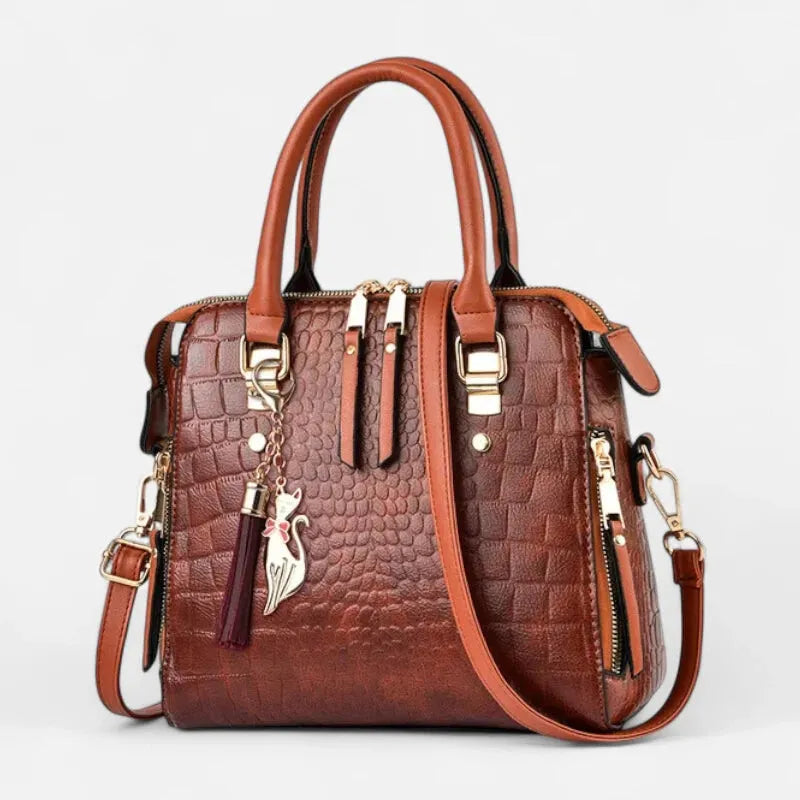Camélia | Croc-Effect Shoulder Bag with Gold Cat Charm
