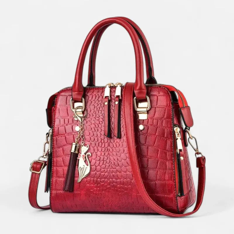 Camélia | Croc-Effect Shoulder Bag with Gold Cat Charm