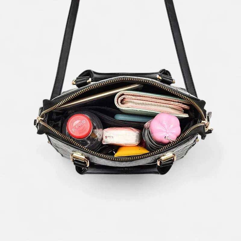 Camélia | Croc-Effect Shoulder Bag with Gold Cat Charm