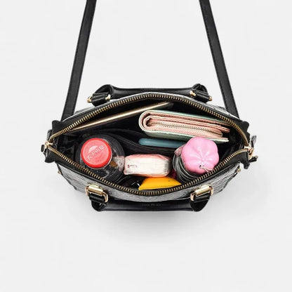 Camélia | Croc-Effect Shoulder Bag with Gold Cat Charm