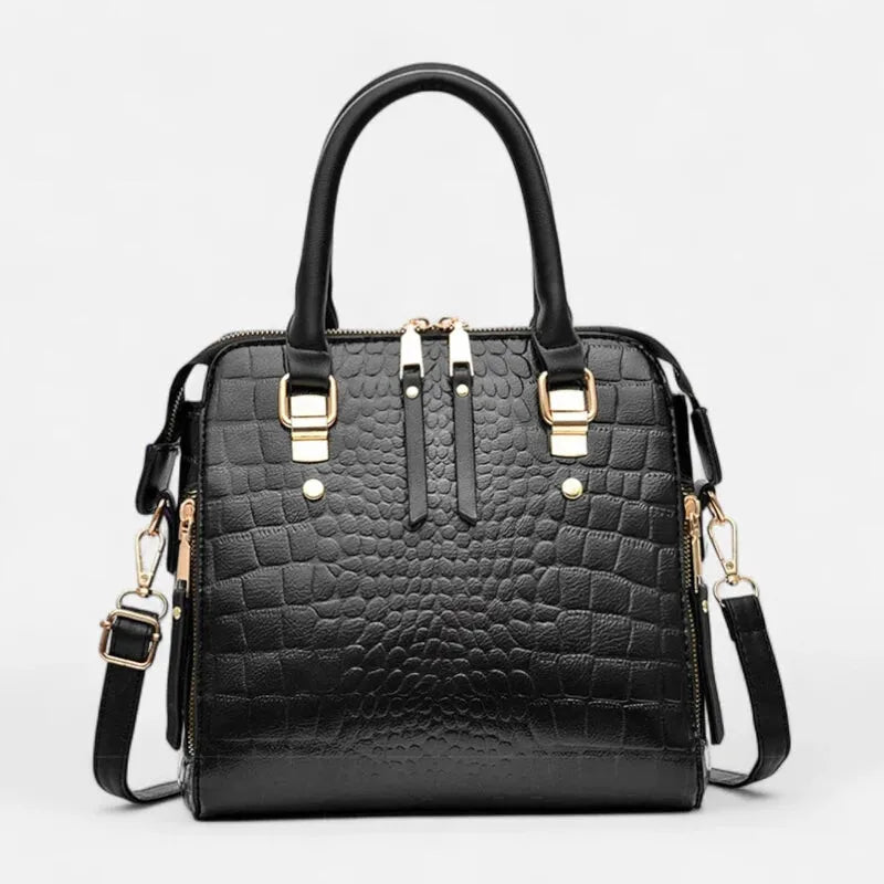 Camélia | Croc-Effect Shoulder Bag with Gold Cat Charm