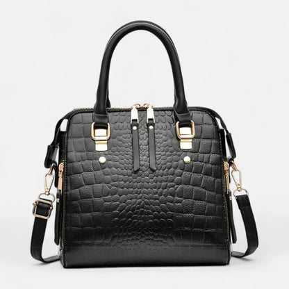 Camélia | Croc-Effect Shoulder Bag with Gold Cat Charm
