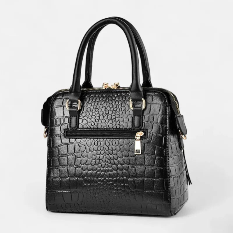 Camélia | Croc-Effect Shoulder Bag with Gold Cat Charm