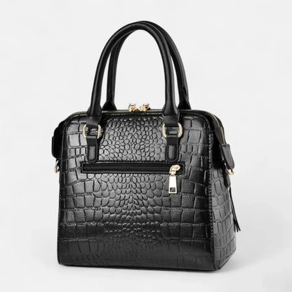 Camélia | Croc-Effect Shoulder Bag with Gold Cat Charm