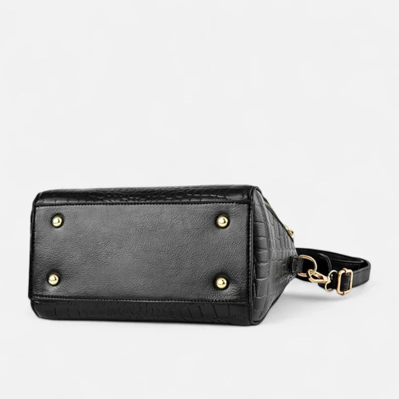 Camélia | Croc-Effect Shoulder Bag with Gold Cat Charm