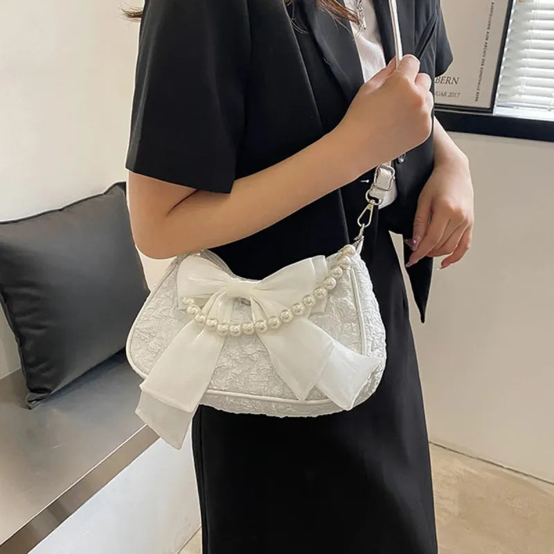 Camille | Small Cotton Hobo Bag with Pearl Handle