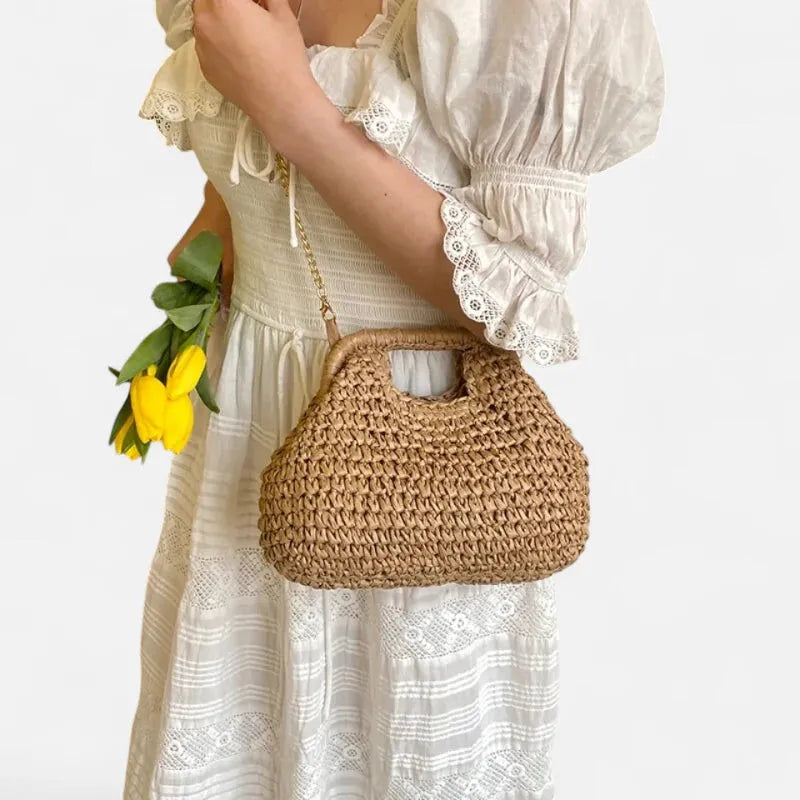 Iris | Straw Bag with Gold Chain Strap