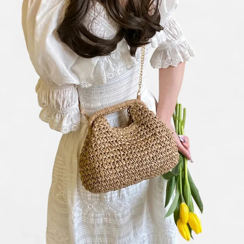Iris | Straw Bag with Gold Chain Strap