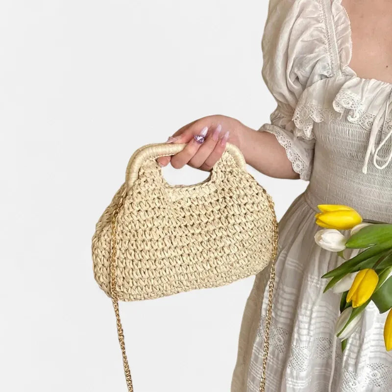 Iris | Straw Bag with Gold Chain Strap