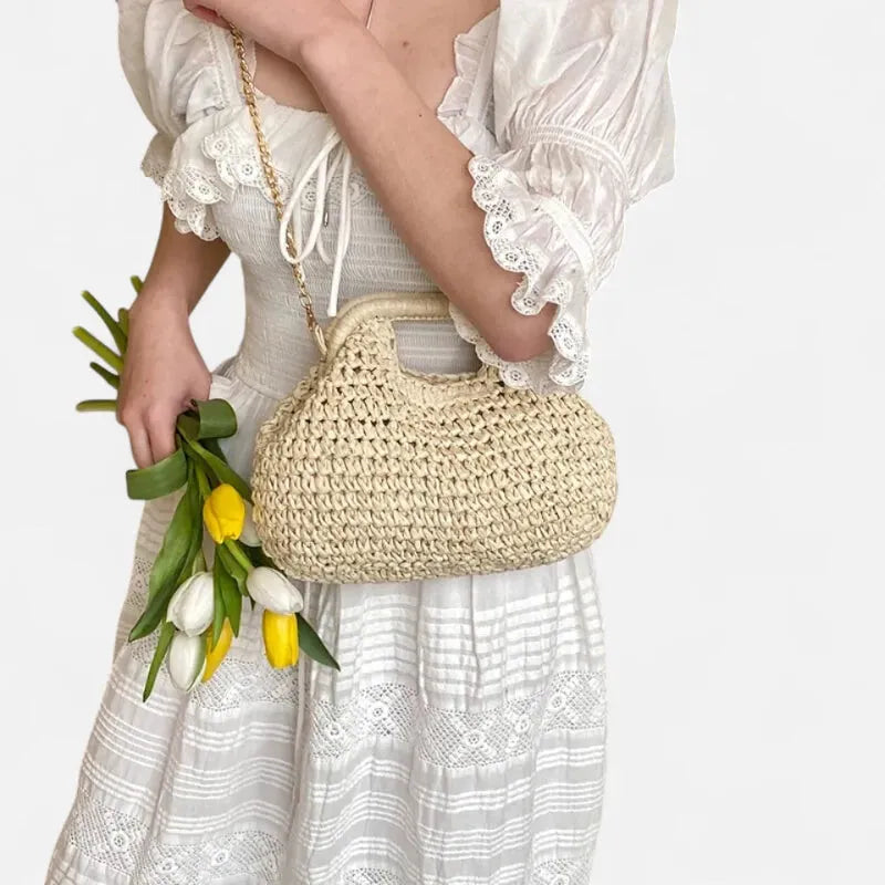 Iris | Straw Bag with Gold Chain Strap