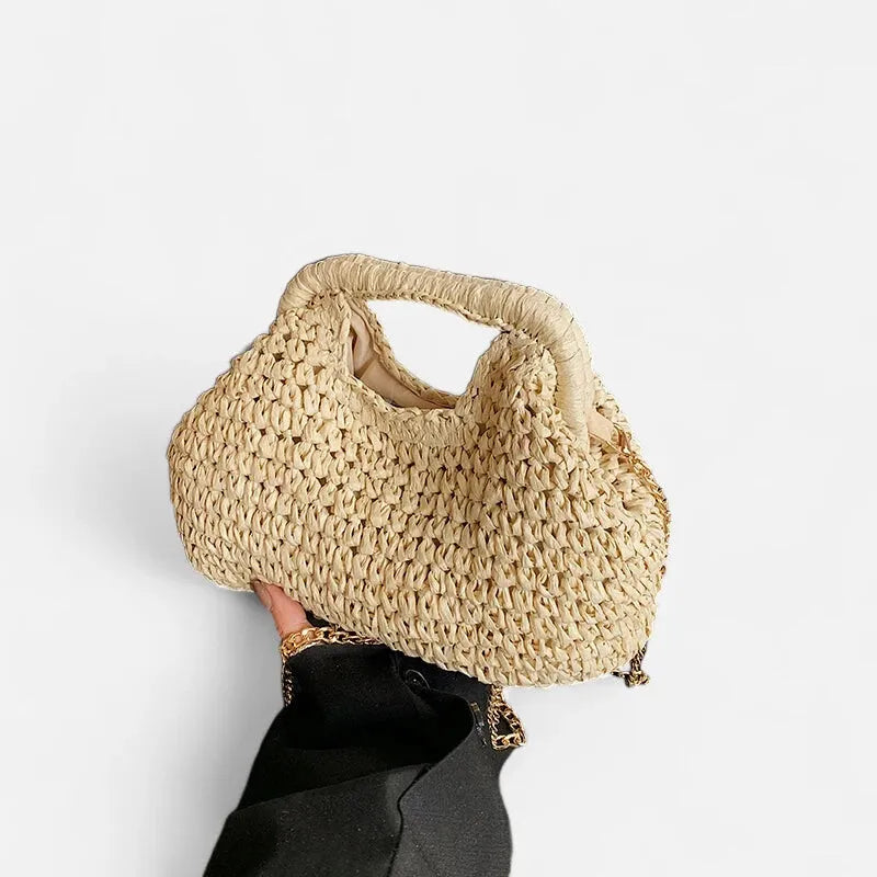Iris | Straw Bag with Gold Chain Strap