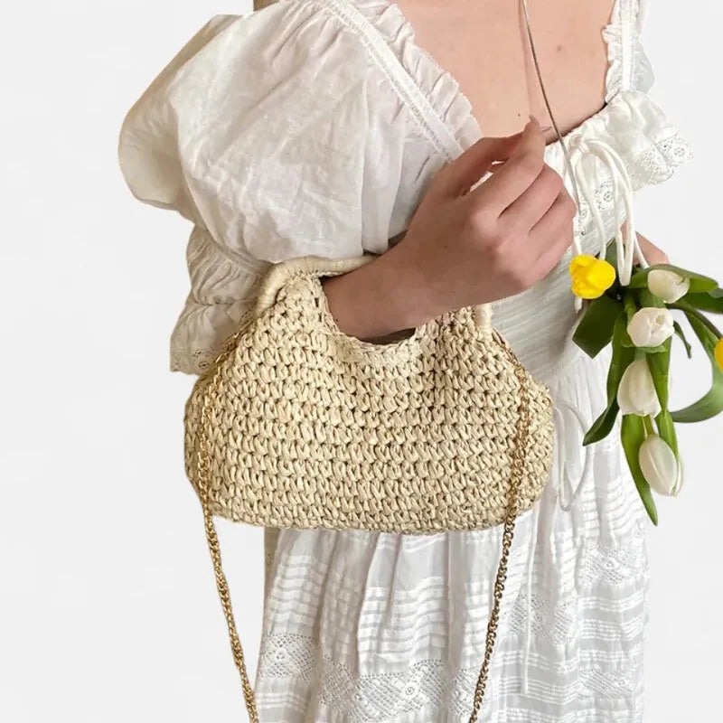 Iris | Straw Bag with Gold Chain Strap