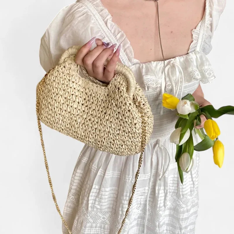 Iris | Straw Bag with Gold Chain Strap