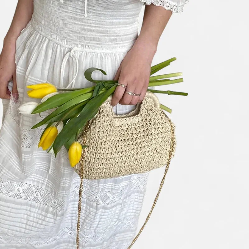 Iris | Straw Bag with Gold Chain Strap