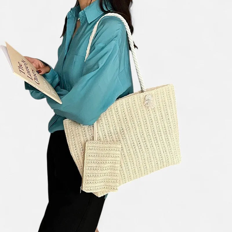 Livia | Straw Tote with Rope Handles & Pouch