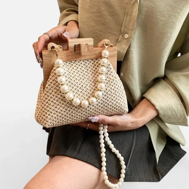 Maïa | Small Straw Bag with Pearl Handles