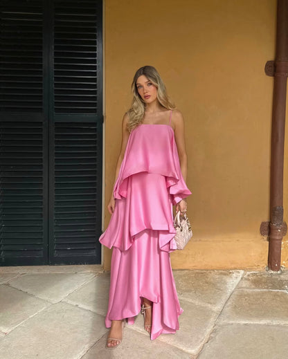 Palmora Society - Stevie | Vestido Maxi de Satén con Volantes y Tirantes Finos - foto 10