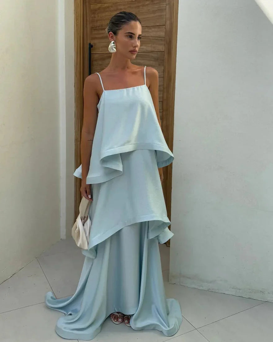 Palmora Society - Stevie | Vestido Maxi de Satén con Volantes y Tirantes Finos - foto 3