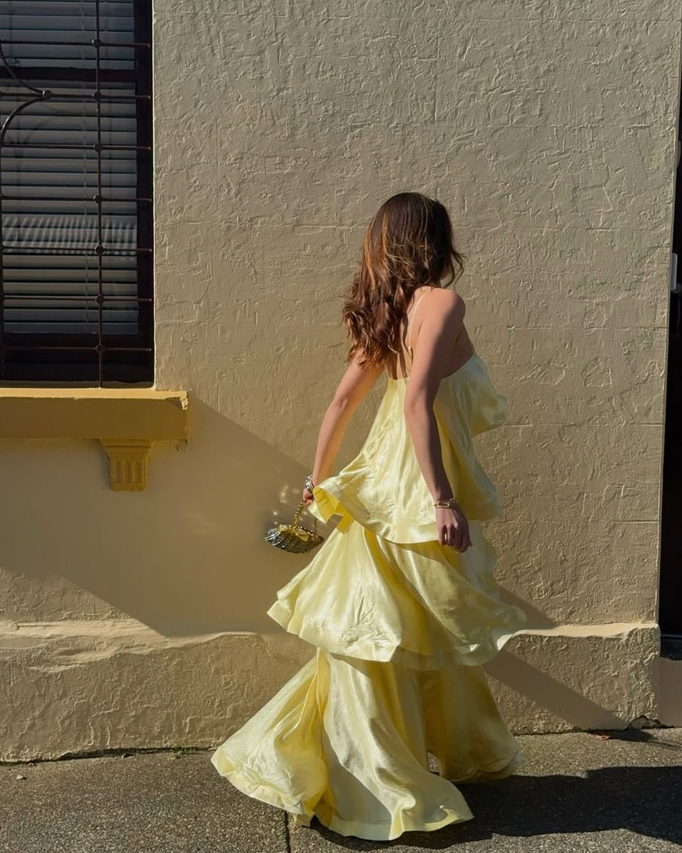 Palmora Society - Stevie | Vestido Maxi de Satén con Volantes y Tirantes Finos - foto 8
