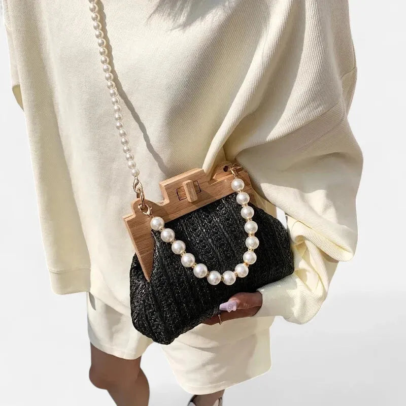 Maïa | Small Straw Bag with Pearl Handles
