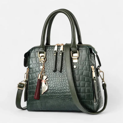 Camélia | Croc-Effect Shoulder Bag with Gold Cat Charm